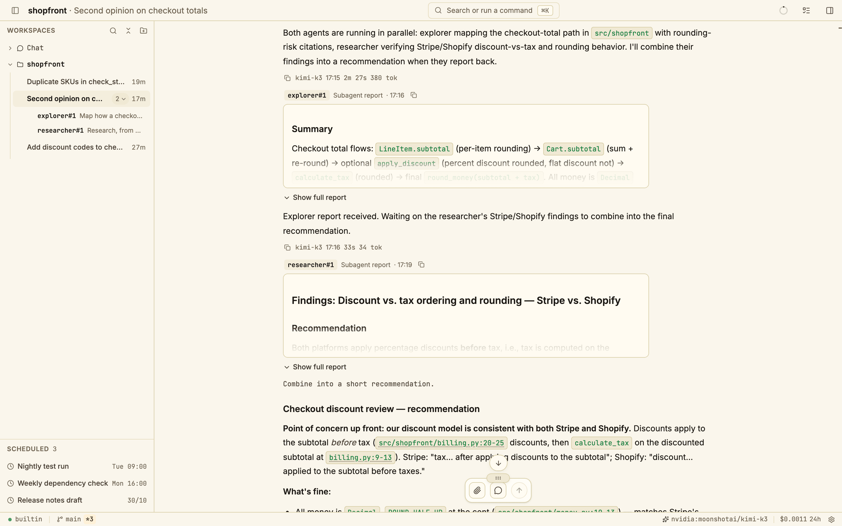 A lead agent working with two helpers: reports from an explorer and a researcher in the conversation, and both helpers listed under the session in the sidebar.
