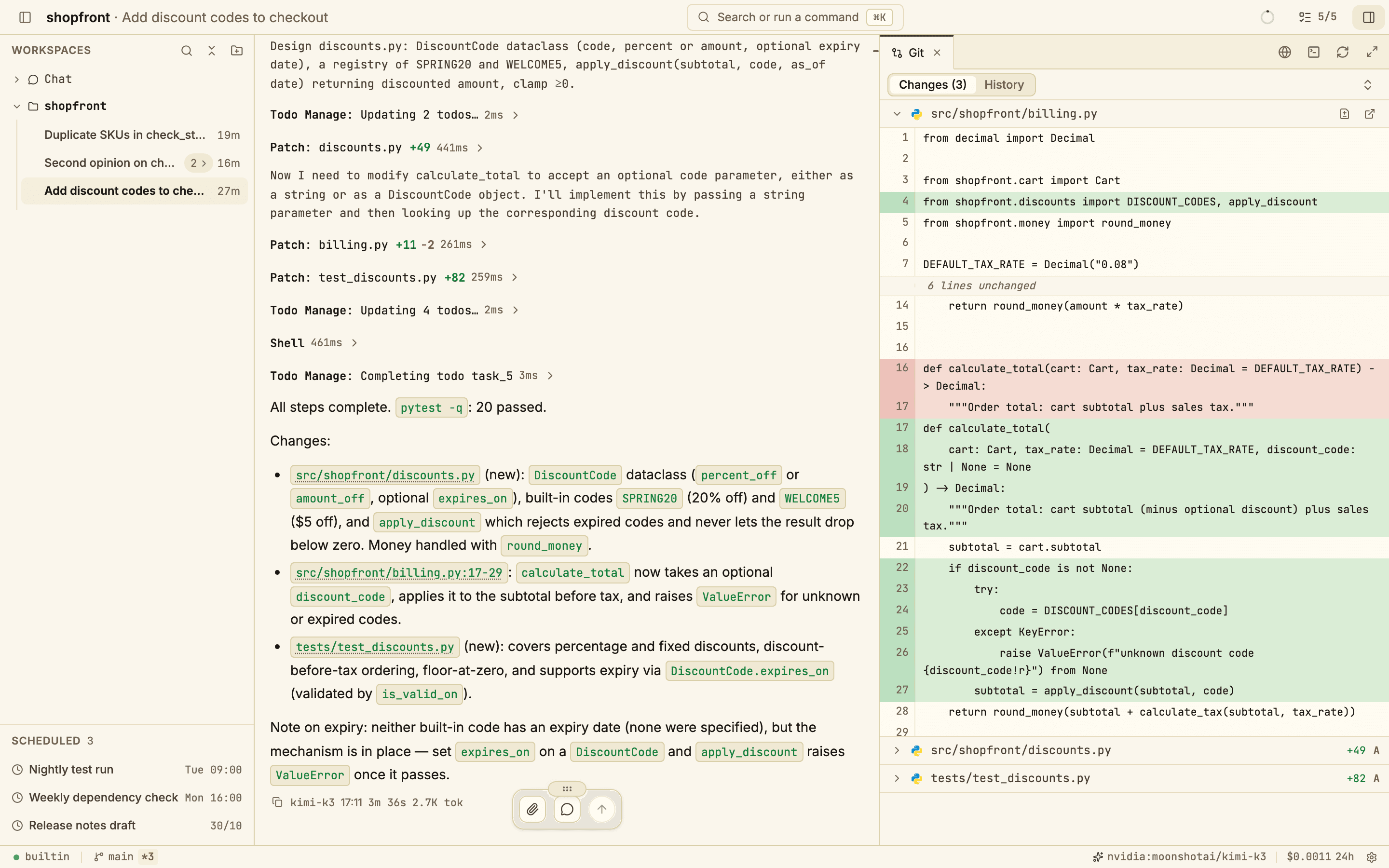 A Git changes panel with an inline diff of src/shopfront/billing.py, removed lines in red and added lines in green, with line numbers.