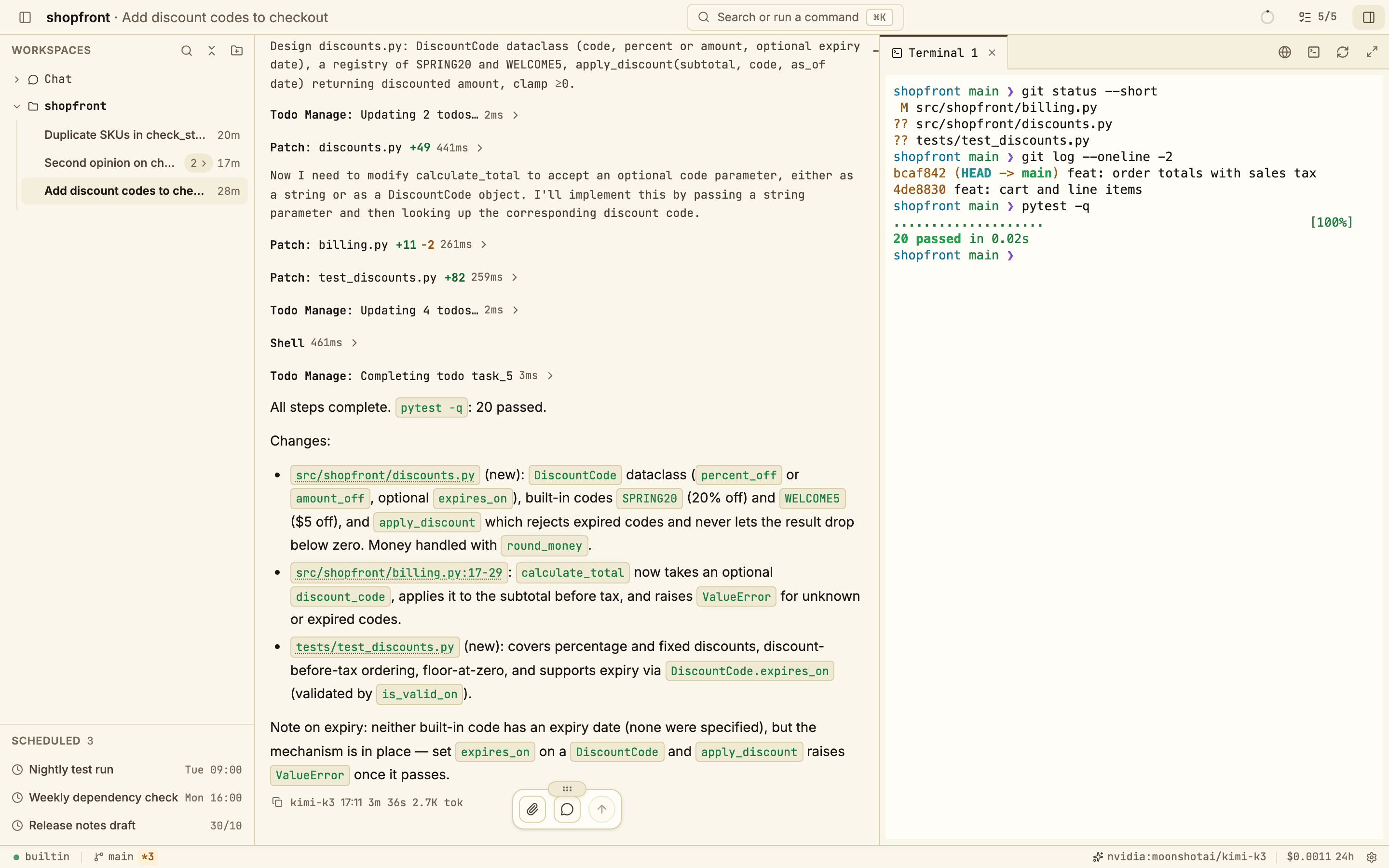 A workspace with a terminal tab open on the right, showing git status, the last two commits, and a passing pytest run.