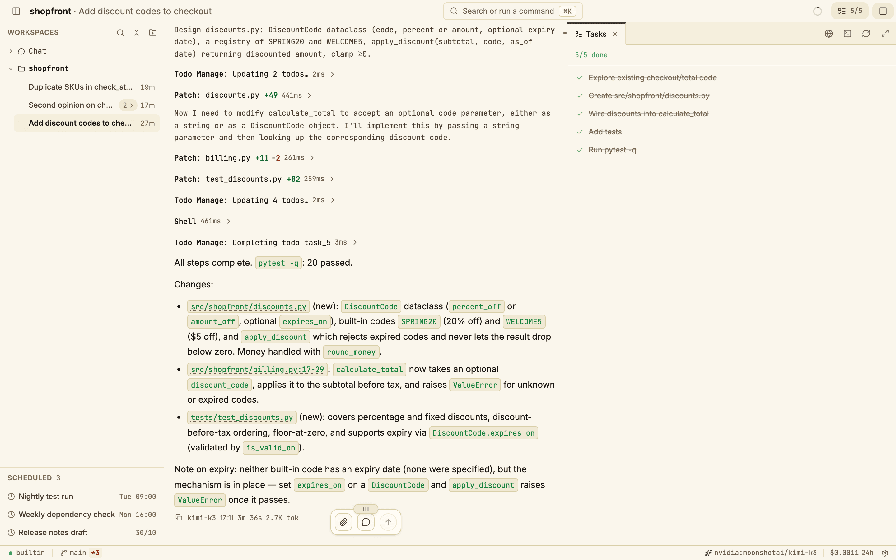 The Tasks panel next to a conversation, with five finished steps for adding discount codes and a 5/5 done count.